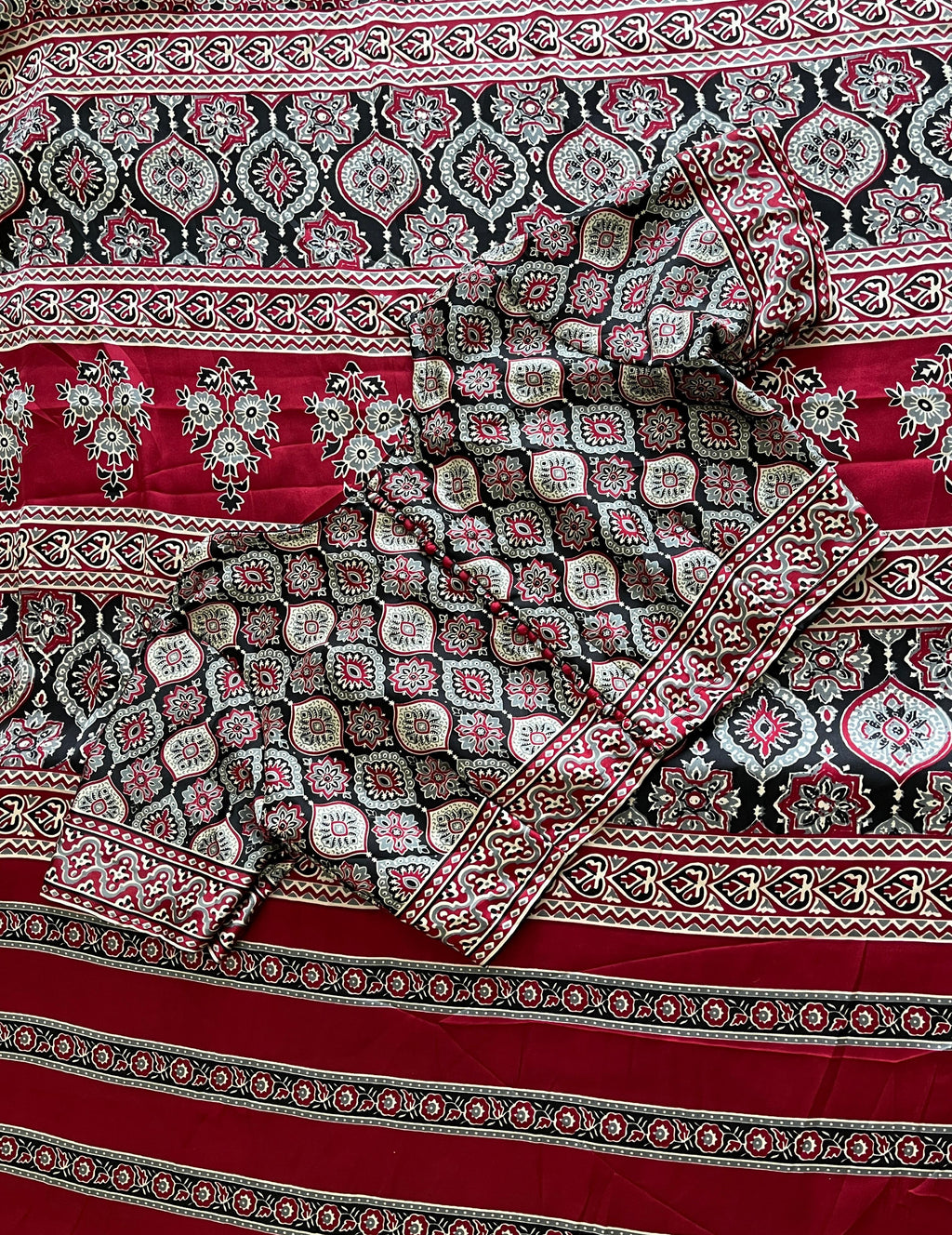 Satin Silk Ajrakh Saree with Stitched Blouse