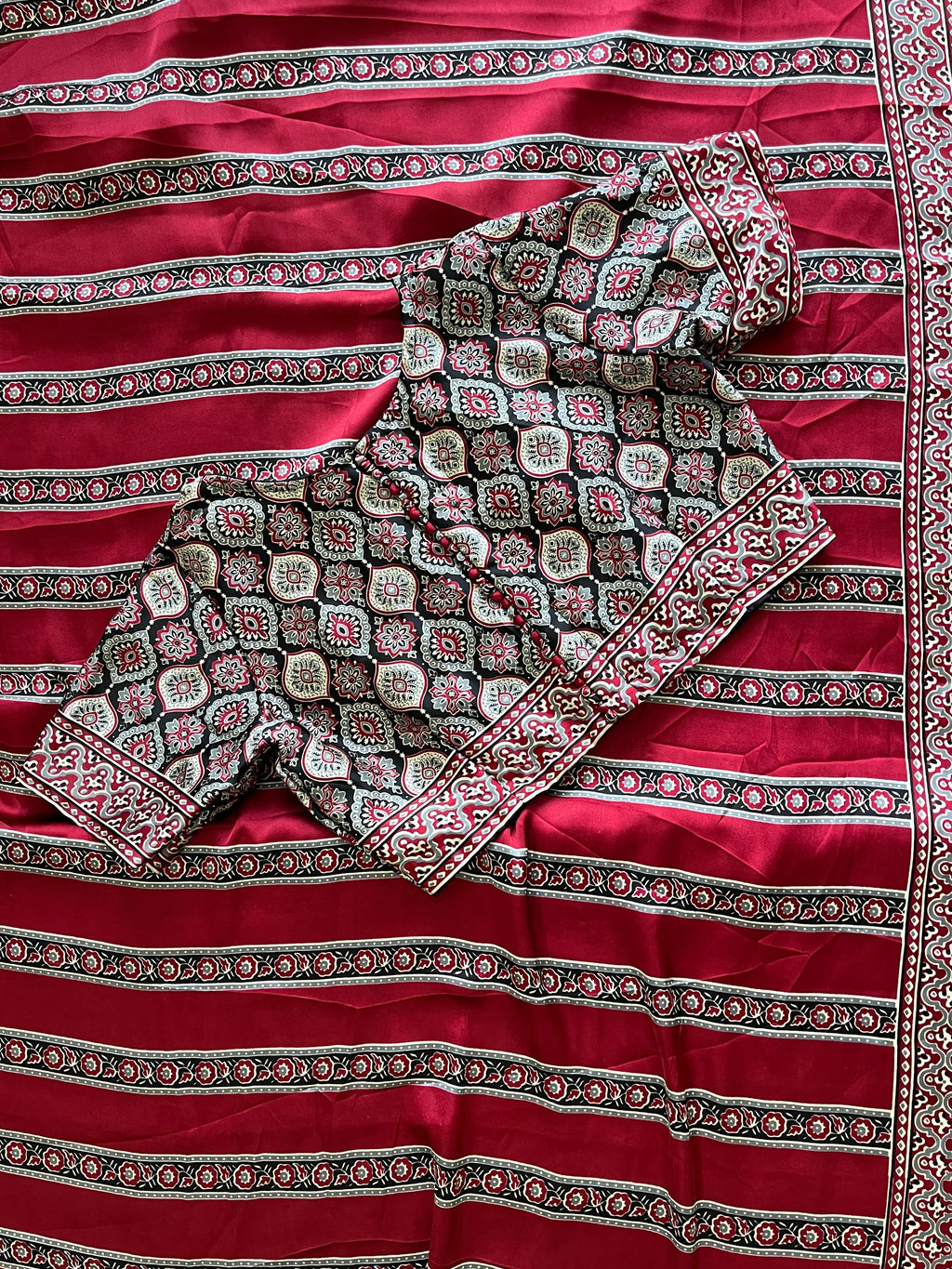 Satin Silk Ajrakh Saree with Stitched Blouse