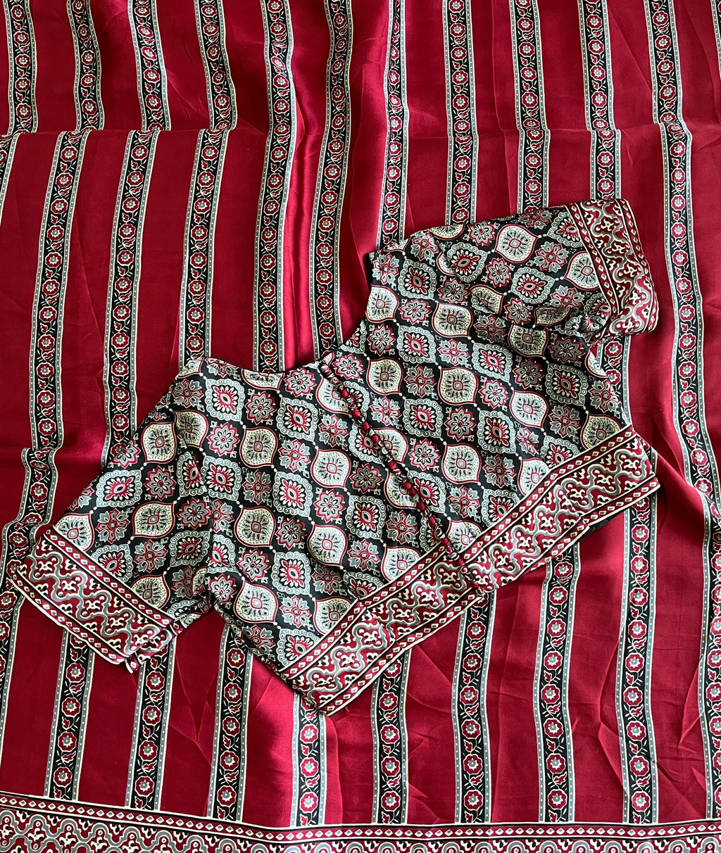 Satin Silk Ajrakh Saree with Stitched Blouse