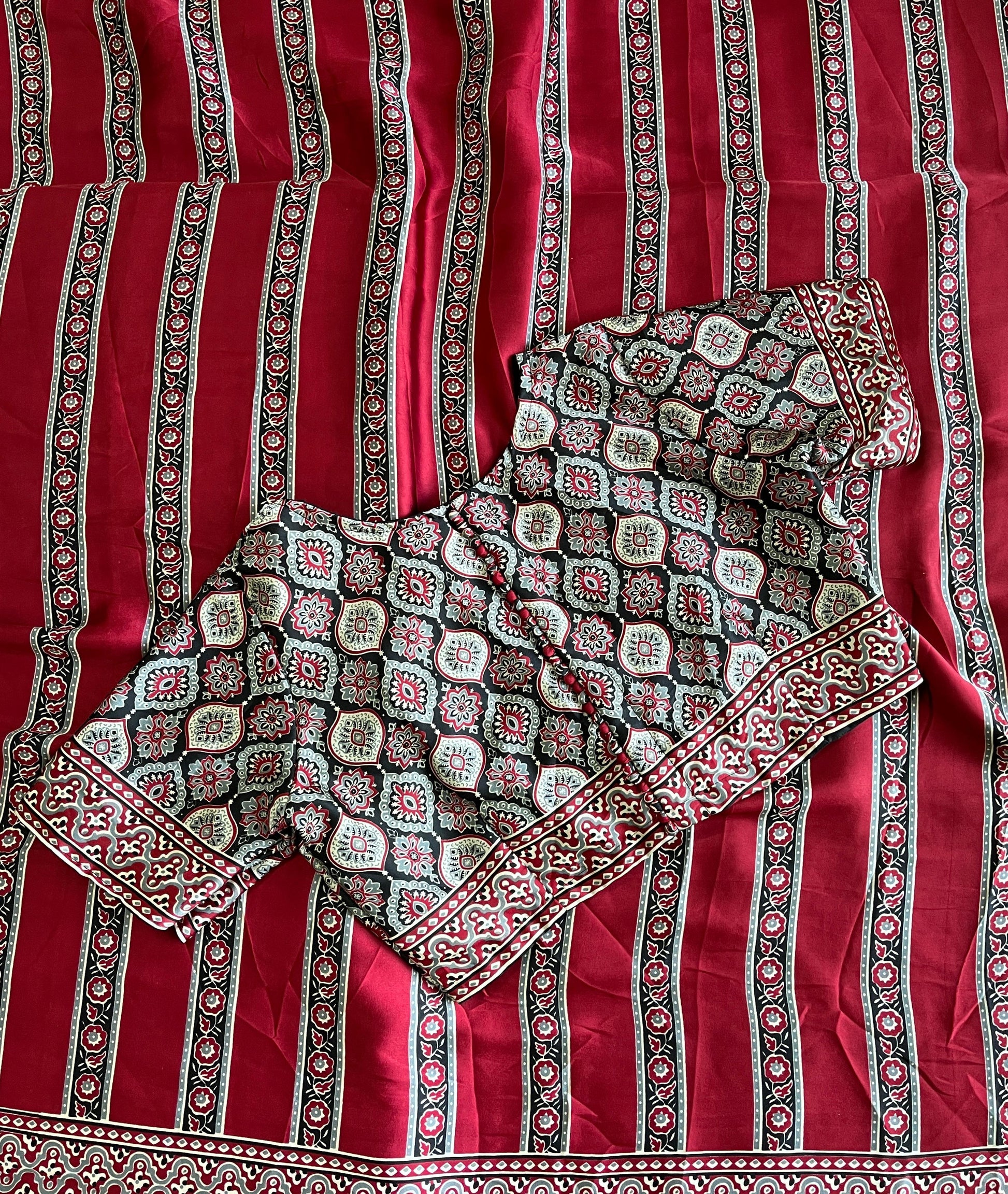 Satin Silk Ajrakh Saree with Stitched Blouse