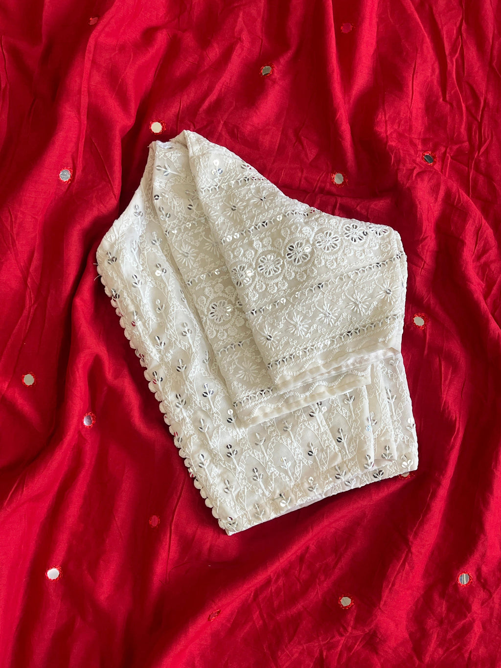 MulMul Cotton Mirror Work Saree with Stitched Chikankari Model Blouse