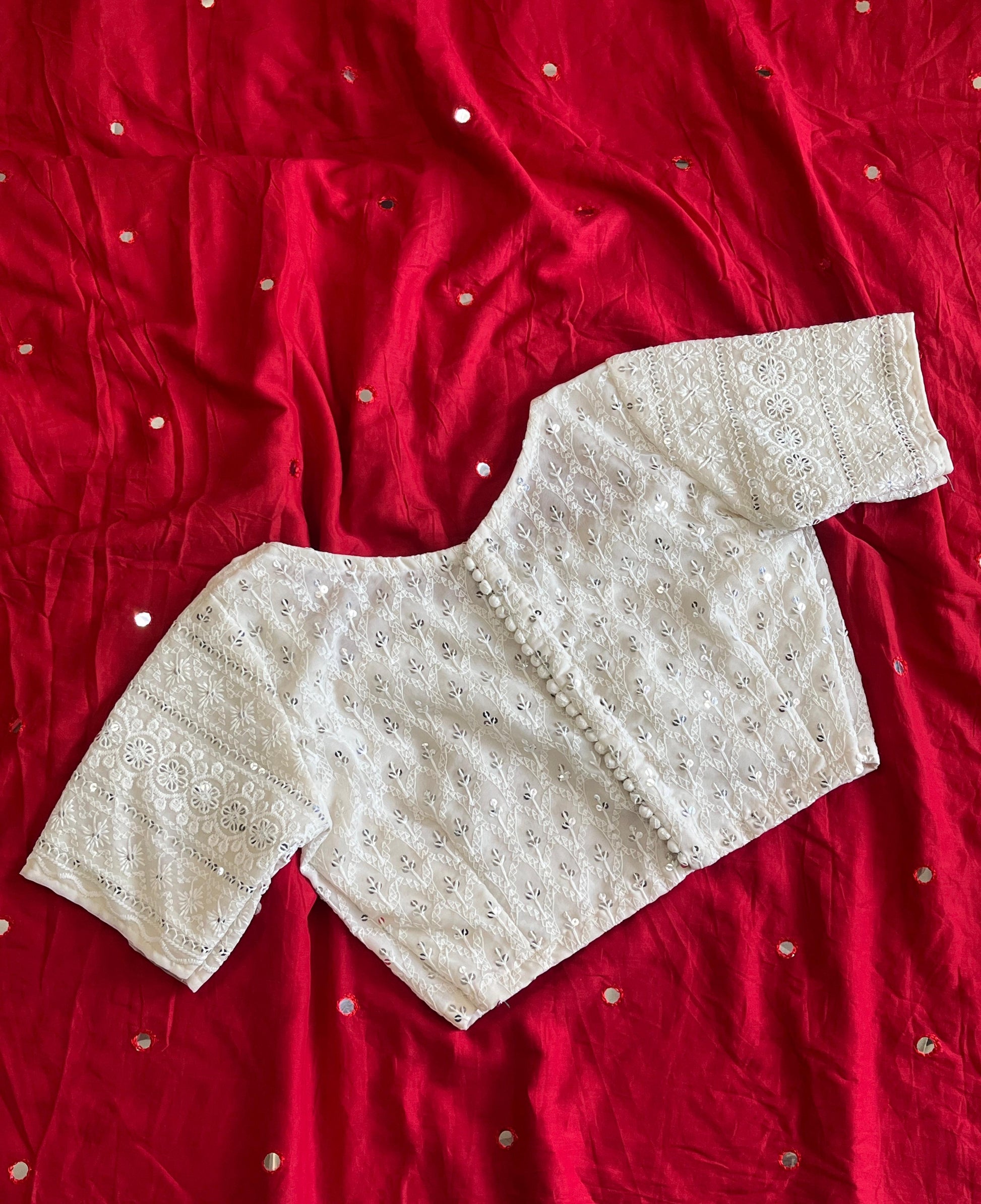 MulMul Cotton Mirror Work Saree with Stitched Chikankari Model Blouse