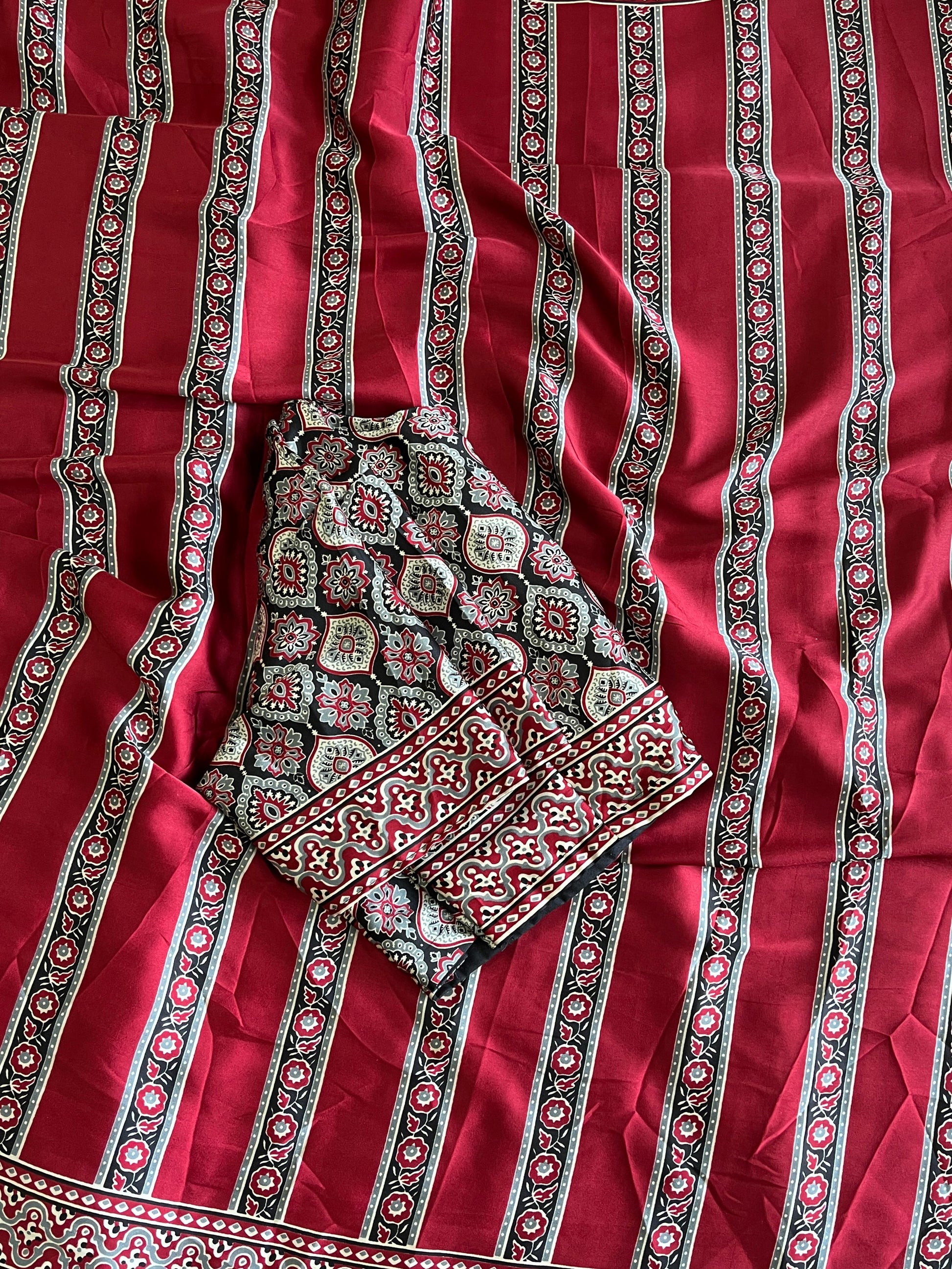 Satin Silk Ajrakh Saree with Stitched Blouse