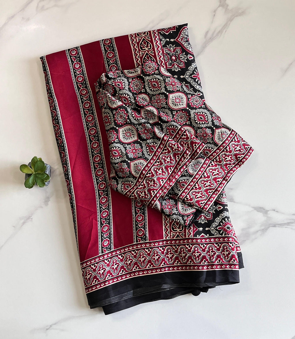 Satin Silk Ajrakh Saree with Stitched Blouse