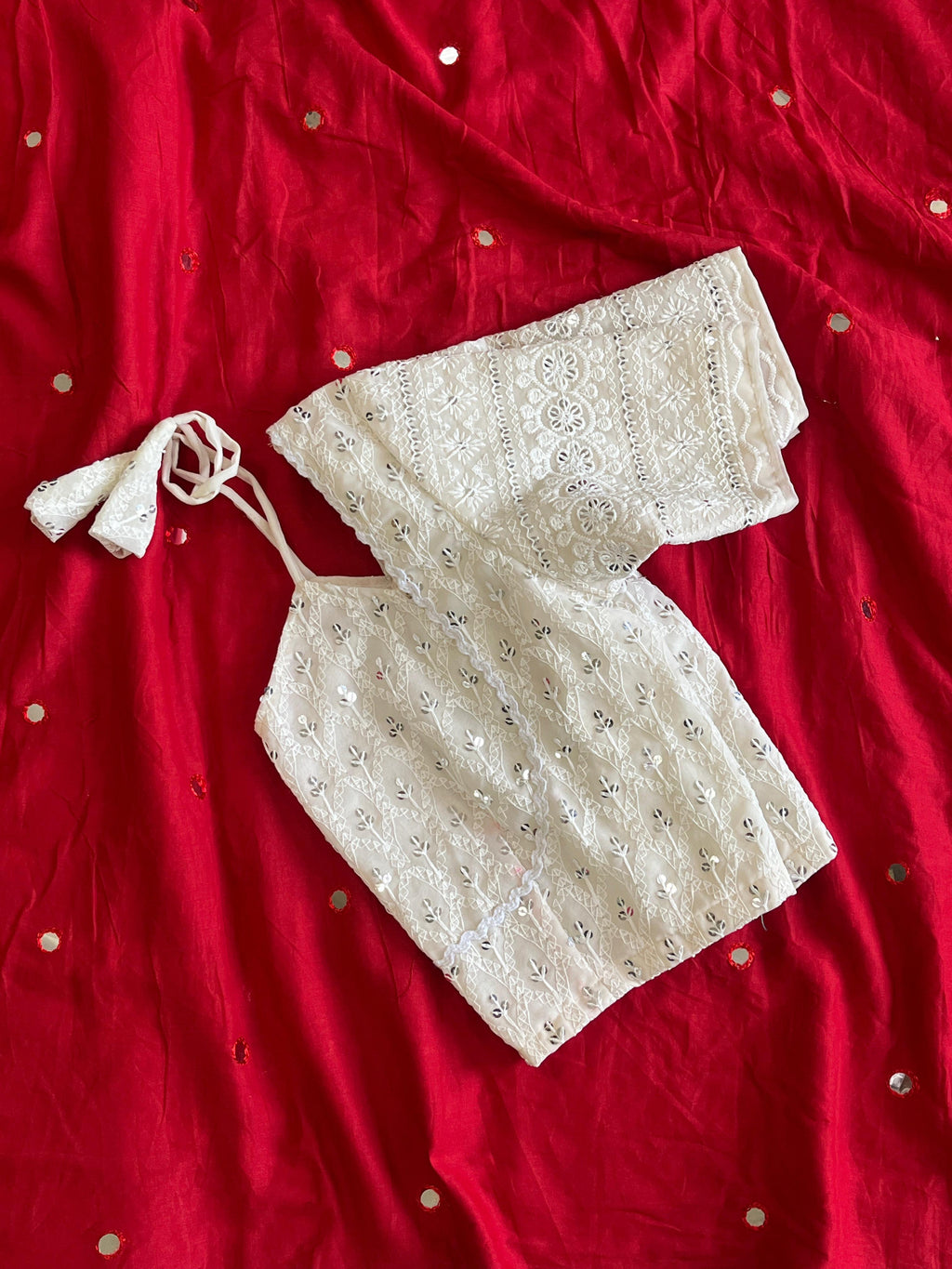 MulMul Cotton Mirror Work Saree with Stitched Chikankari Model Blouse