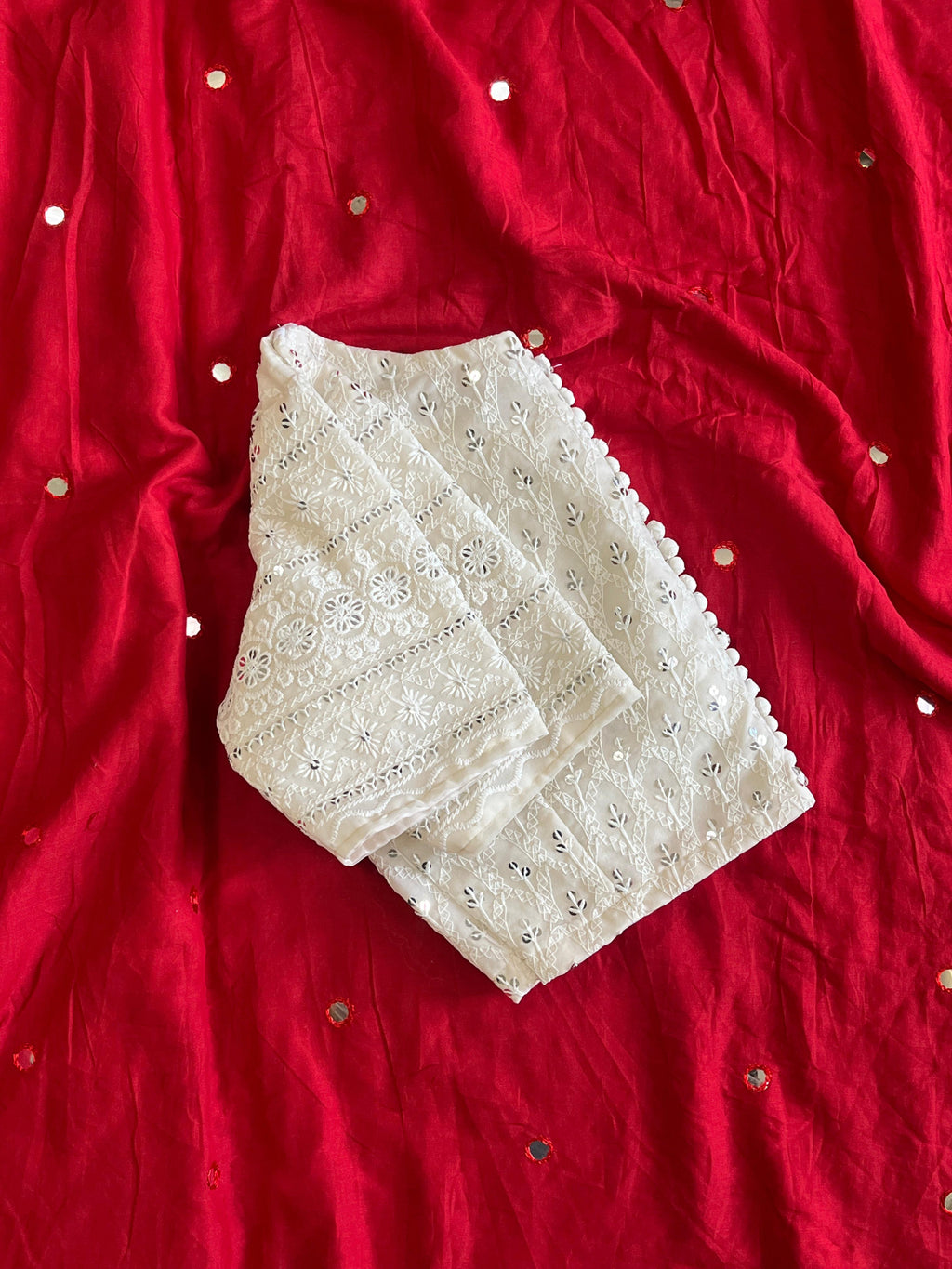 MulMul Cotton Mirror Work Saree with Stitched Chikankari Model Blouse