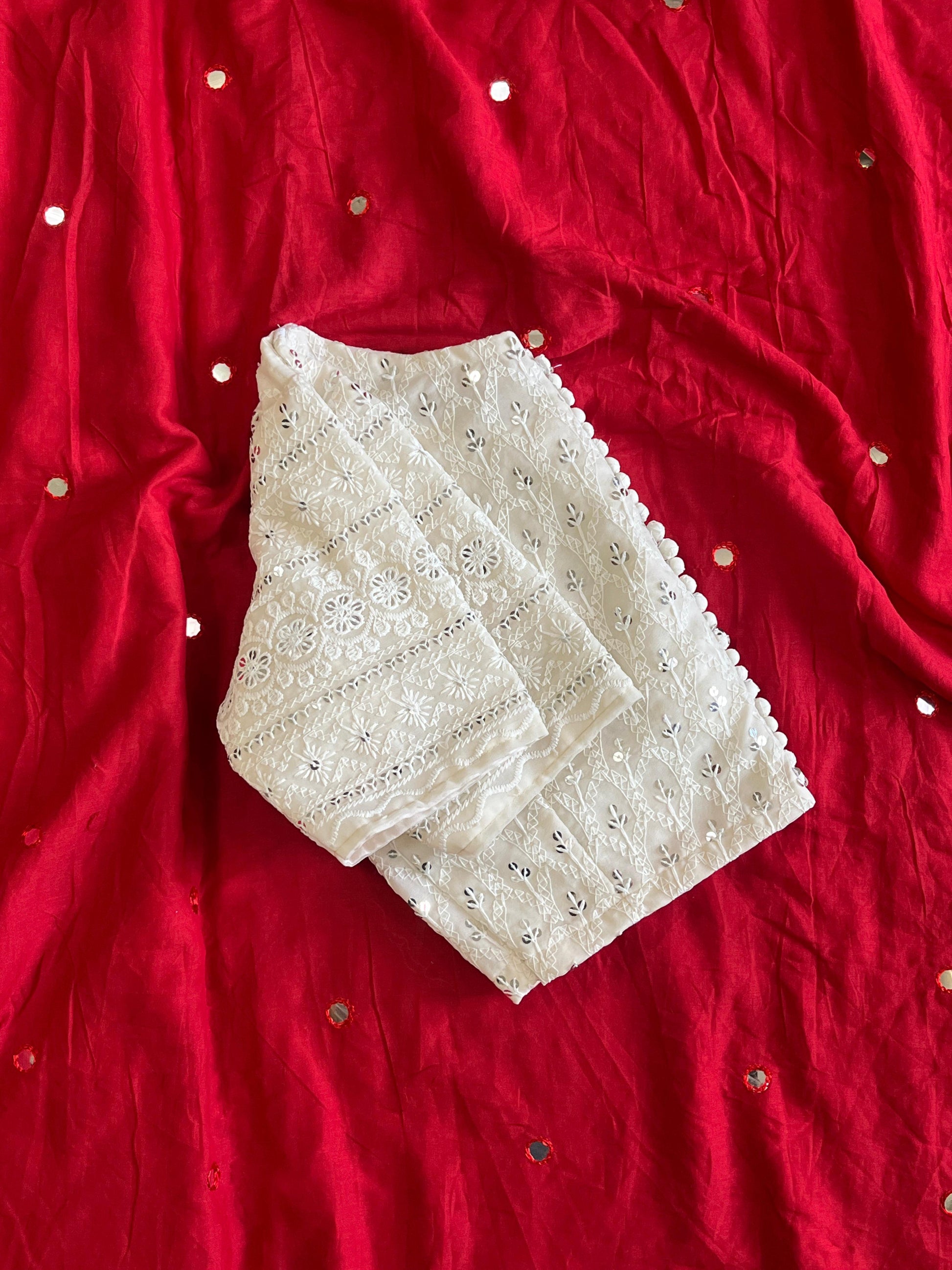 MulMul Cotton Mirror Work Saree with Stitched Chikankari Model Blouse