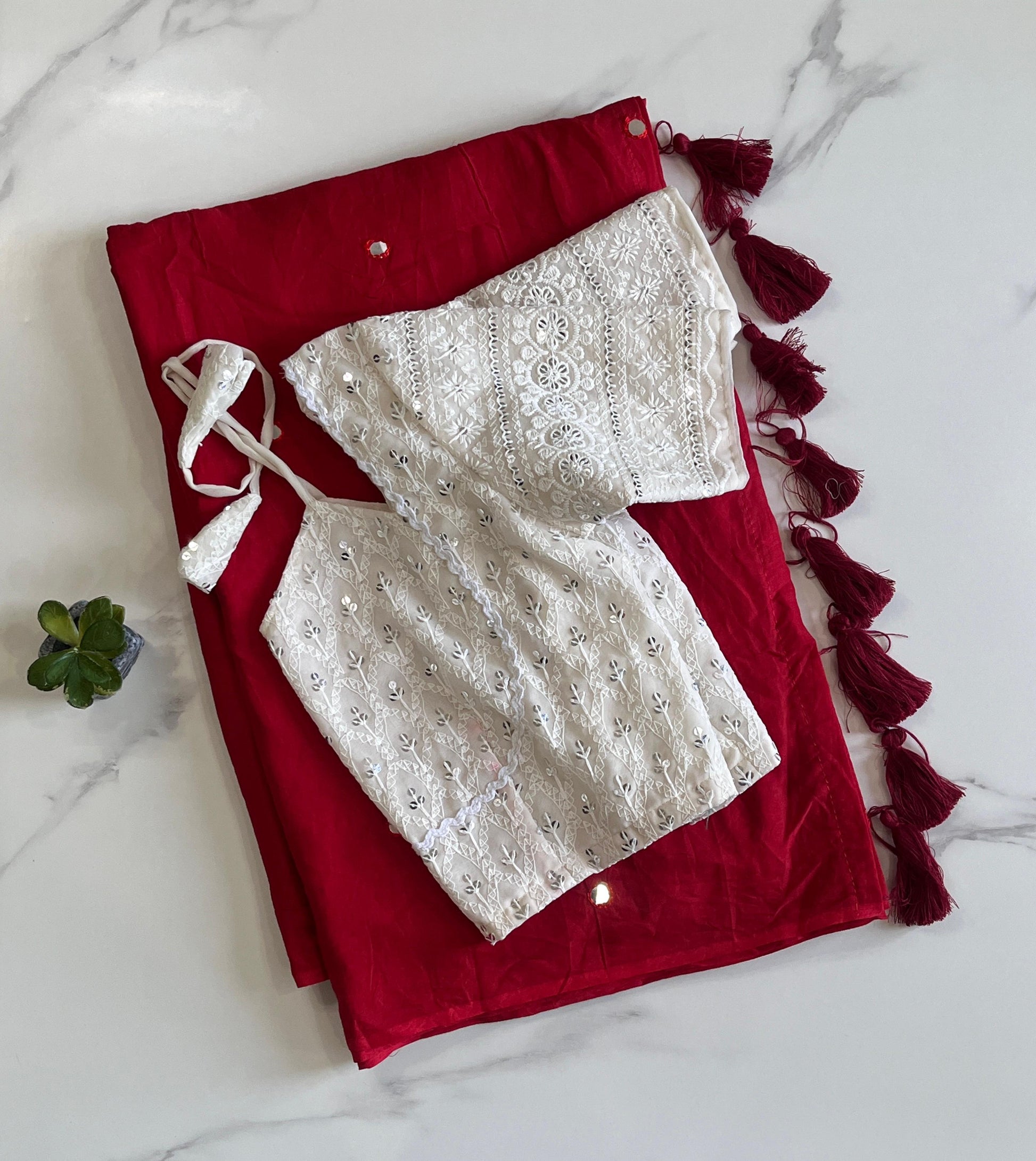 MulMul Cotton Mirror Work Saree with Stitched Chikankari Model Blouse