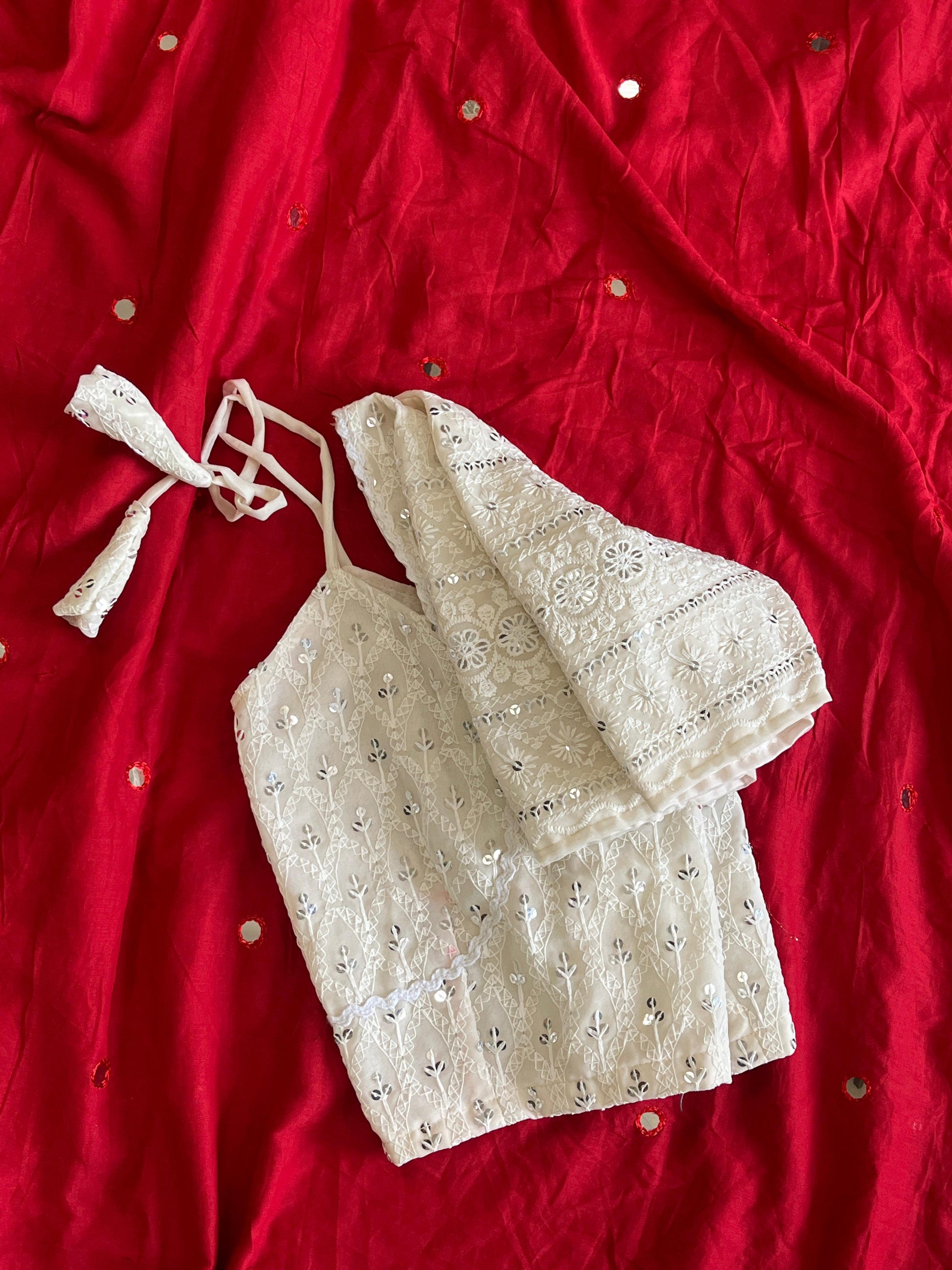 MulMul Cotton Mirror Work Saree with Stitched Chikankari Model Blouse