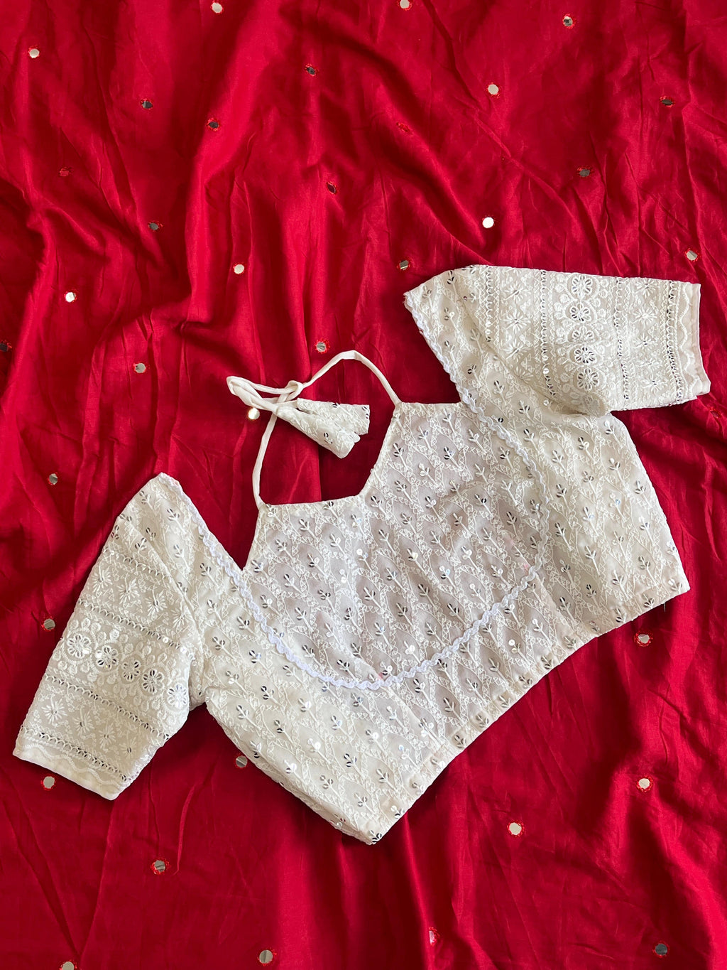 MulMul Cotton Mirror Work Saree with Stitched Chikankari Model Blouse