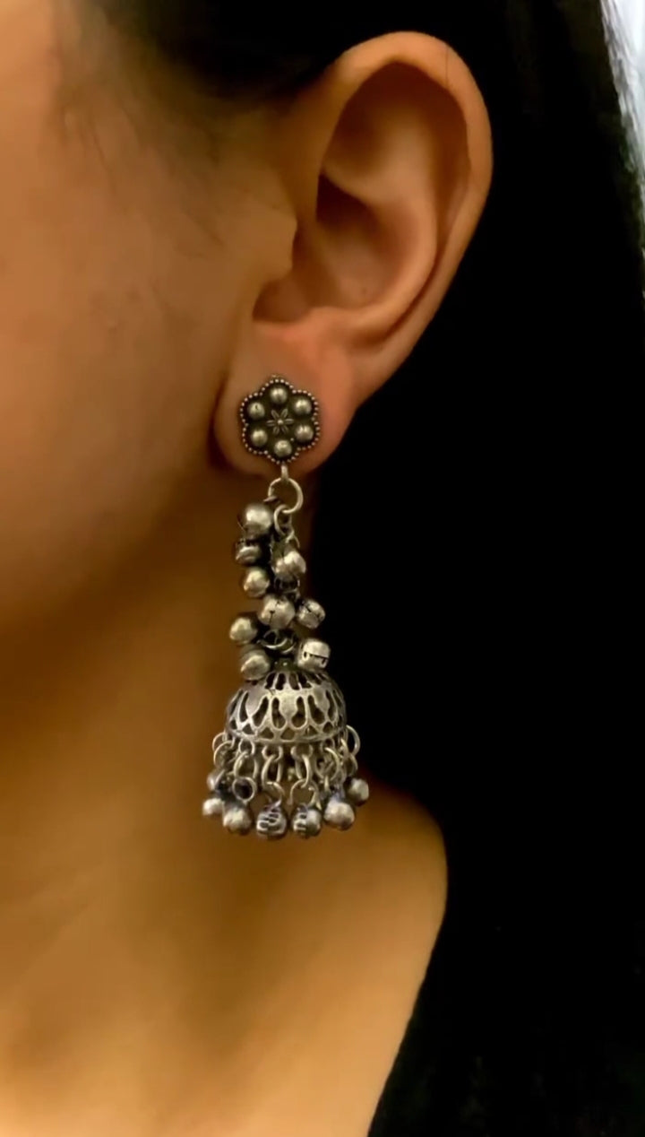 Silver Look-alike Layered Ghungroo Jhumkas