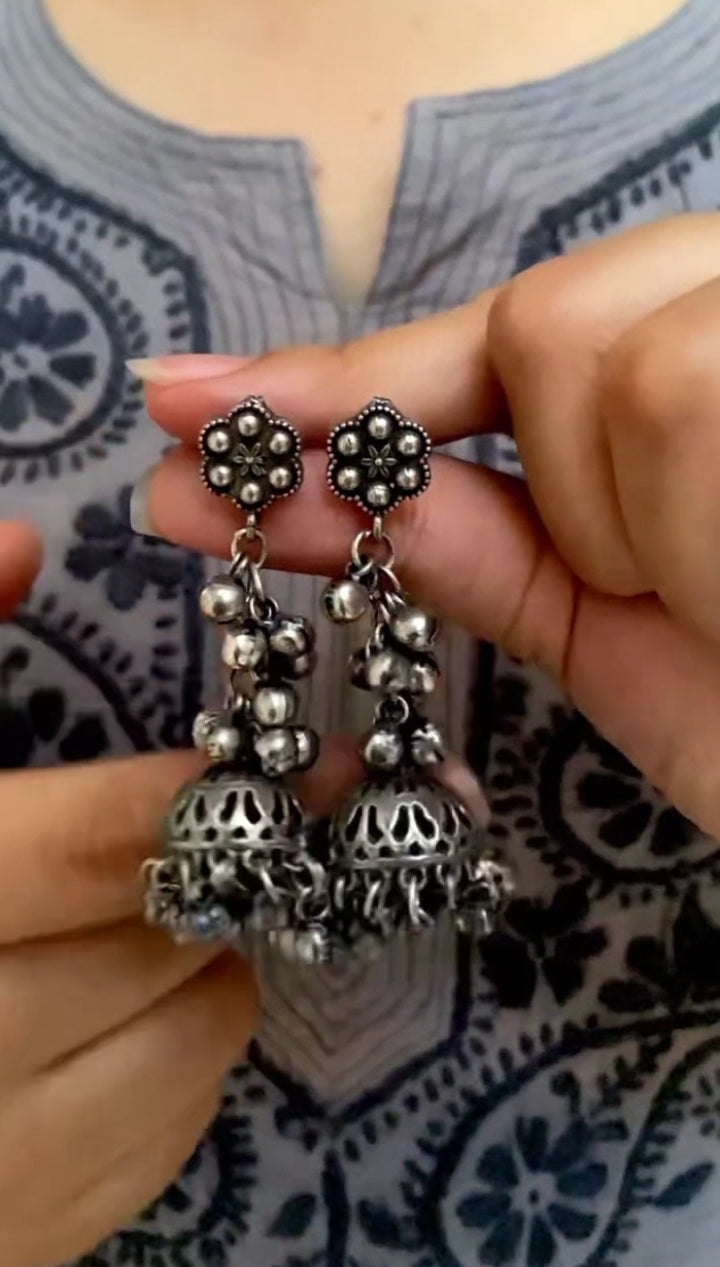 Silver Look-alike Layered Ghungroo Jhumkas