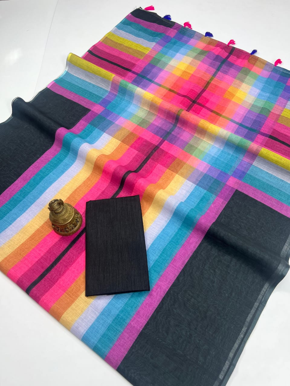 Rainbow Pallu Black Linen Saree