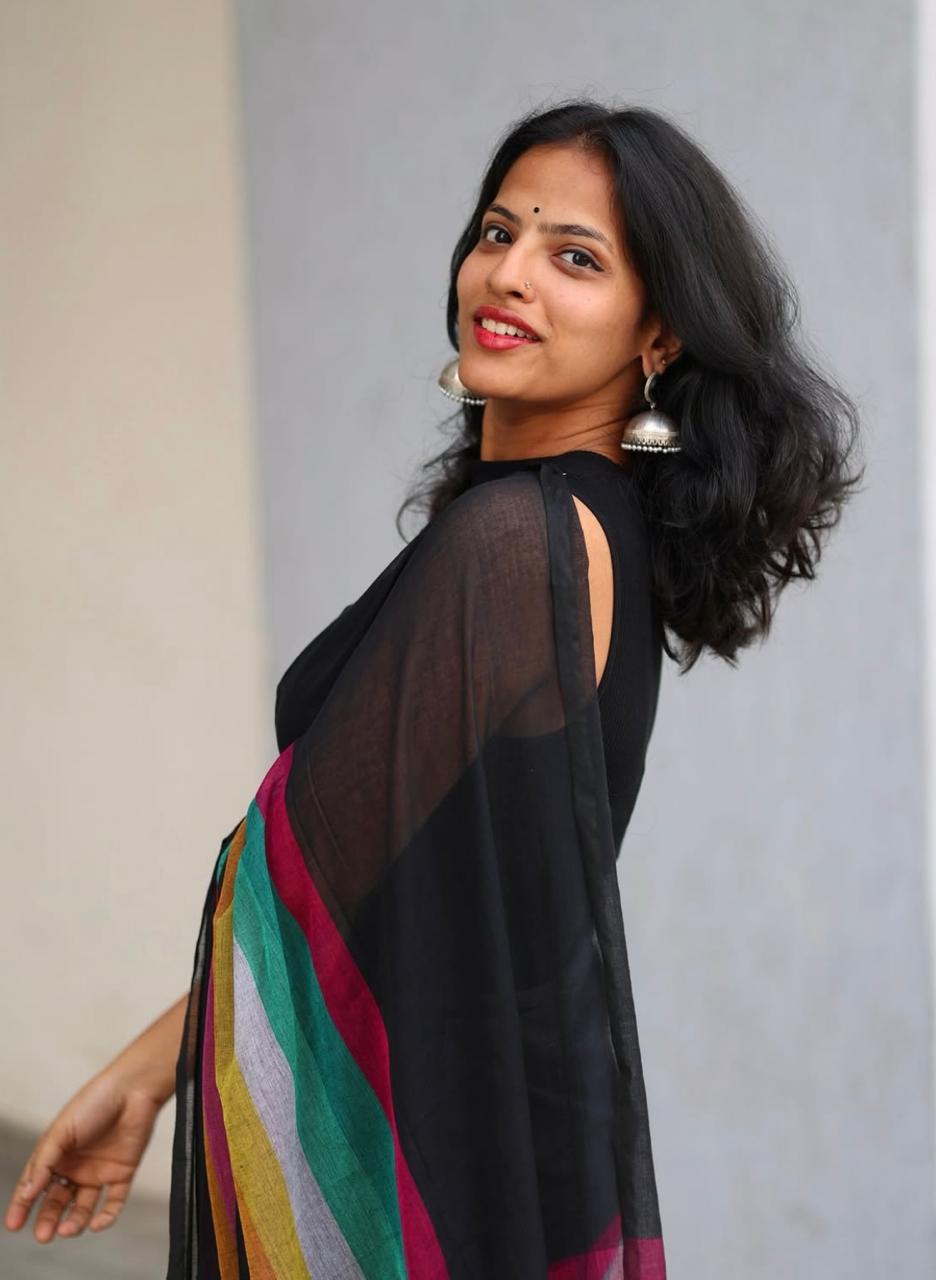 Rainbow Pallu Black Linen Saree