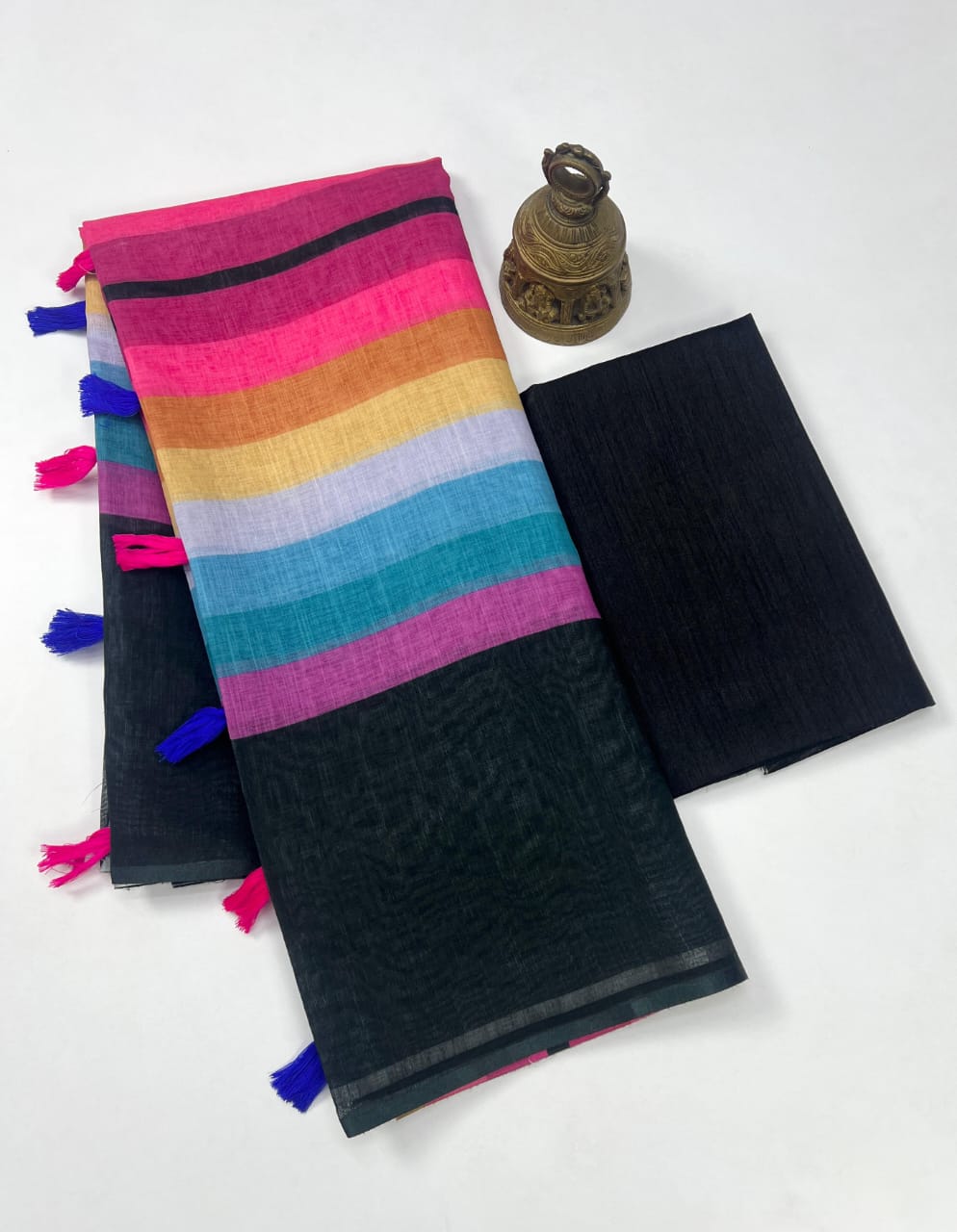 Rainbow Pallu Black Linen Saree