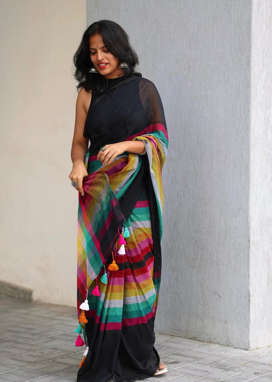 Rainbow Pallu Black Linen Saree