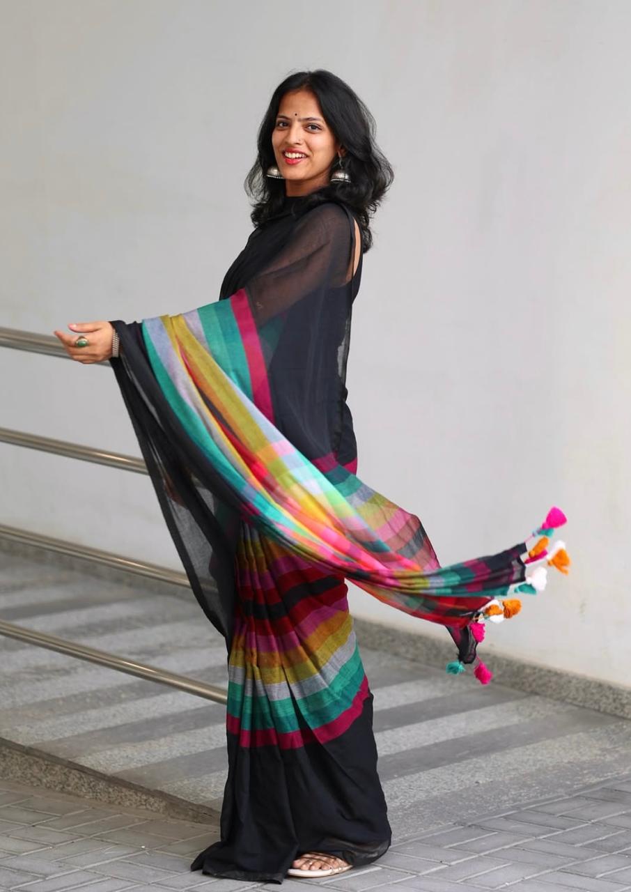 Rainbow Pallu Black Linen Saree